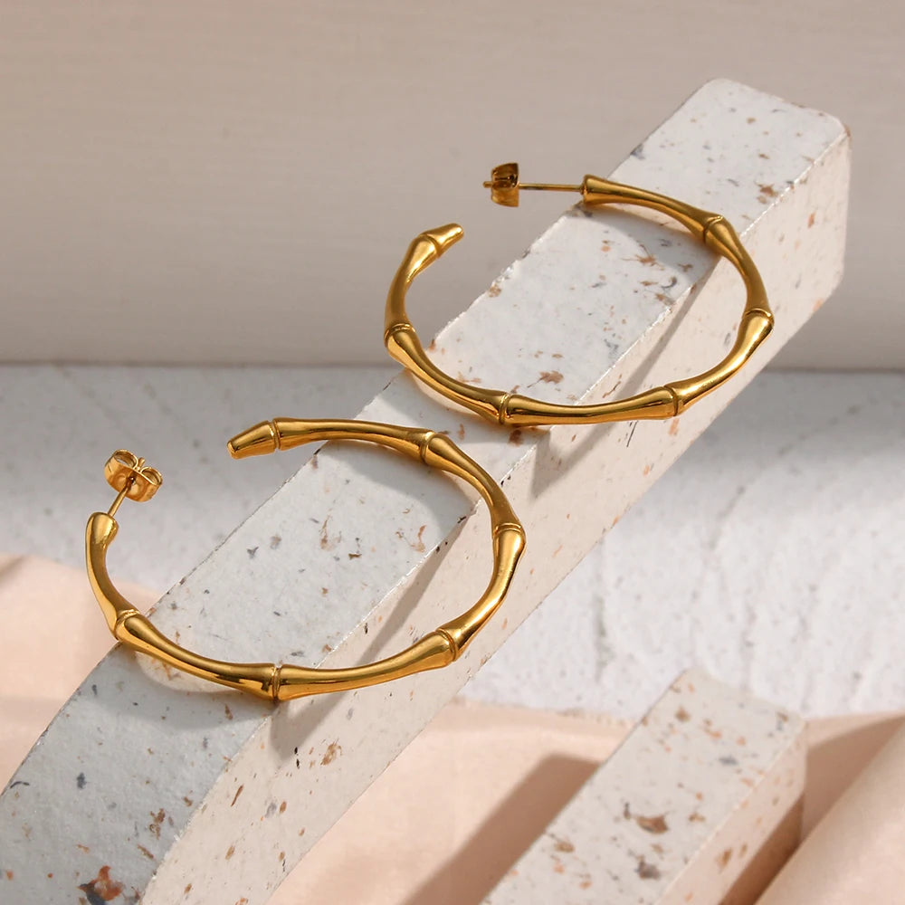 LillyFleur Waterproof Minimalist Gold Bamboo Hoop Earrings - 18K Gold Plated