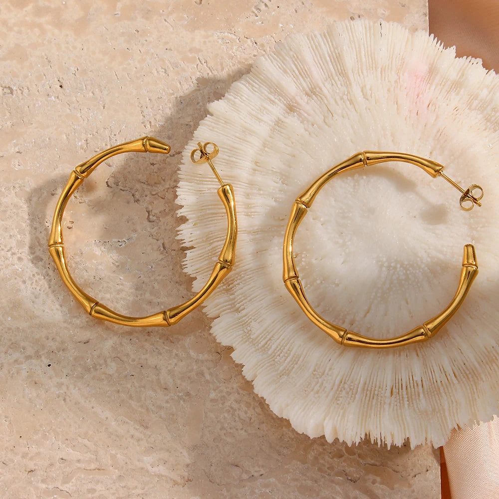 LillyFleur Waterproof Minimalist Gold Bamboo Hoop Earrings - 18K Gold Plated
