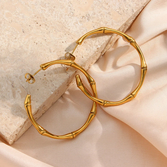 LillyFleur Waterproof Minimalist Gold Bamboo Hoop Earrings - 18K Gold Plated