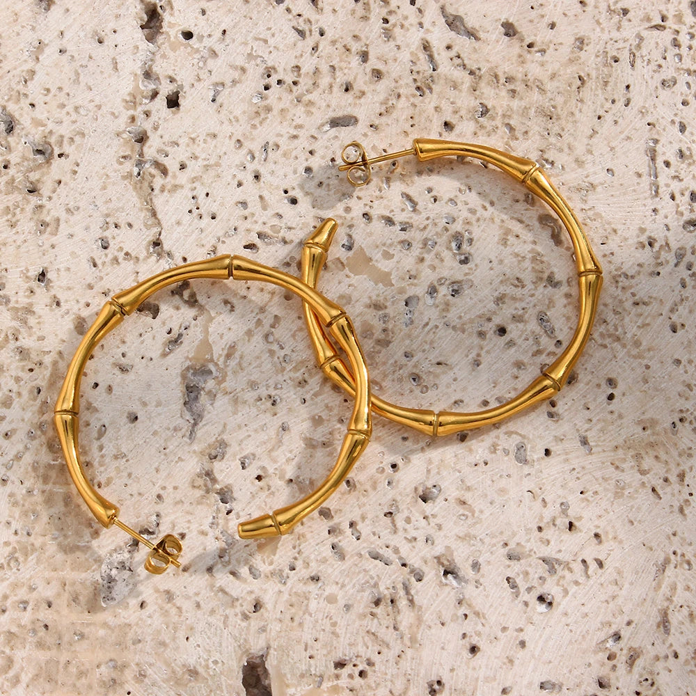 LillyFleur Waterproof Minimalist Gold Bamboo Hoop Earrings - 18K Gold Plated