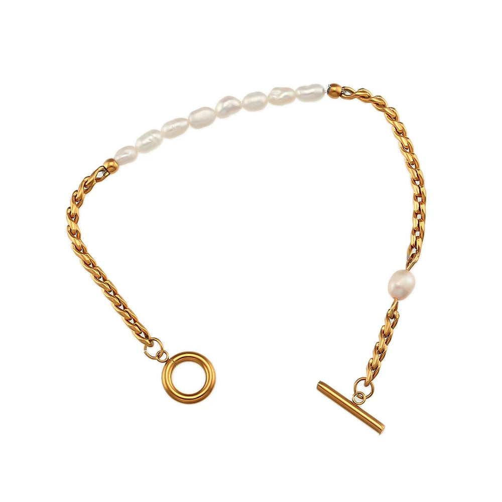 Waterproof Freshwater Pearl & Woven Chain Bracelet - 18K Gold Plated