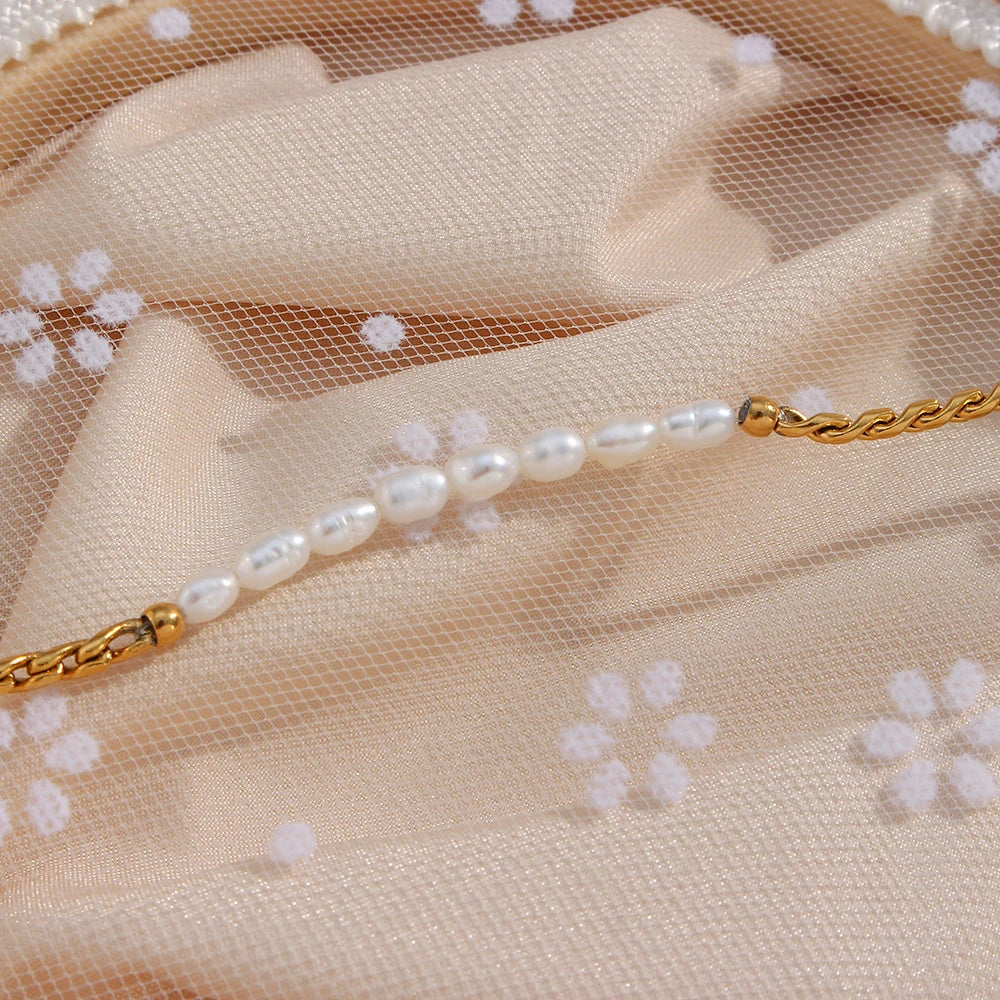 Waterproof Freshwater Pearl & Woven Chain Bracelet - 18K Gold Plated