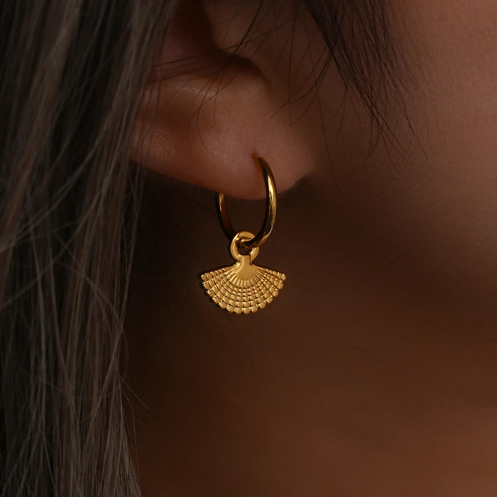 Waterproof Bohemian Fan Charm Hoop Earrings - 18K Gold Plated