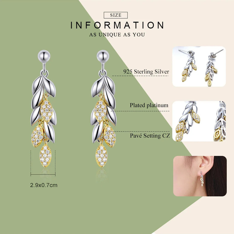 sterling silver wheat leaves drop earrings in mixed gold and white colours and crafted in clear stones