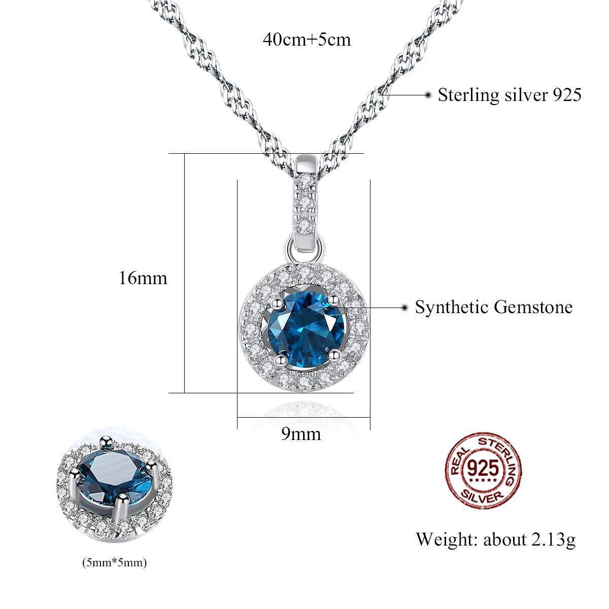 Sterling Silver Halo Pendant Necklace / 16mm pendant and 9mm stone
