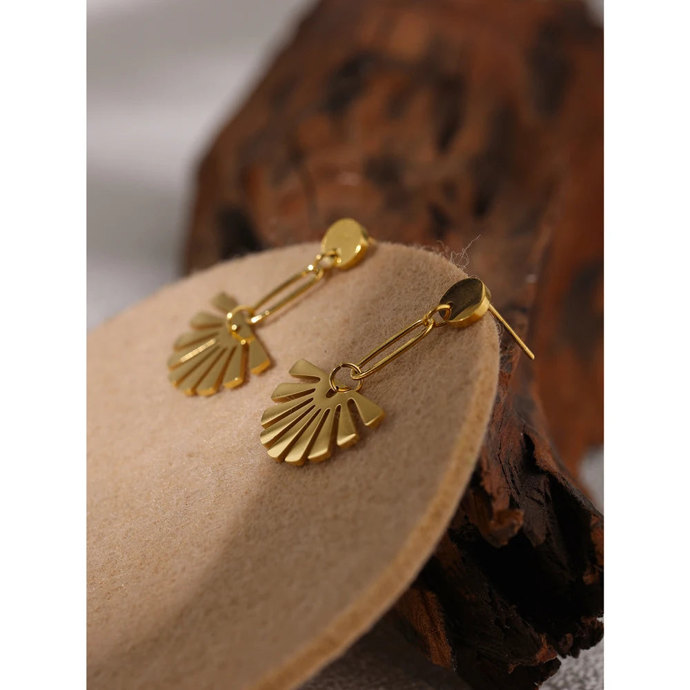 Waterproof Petal Fan Flower Drop Earrings - 18K Gold Plated