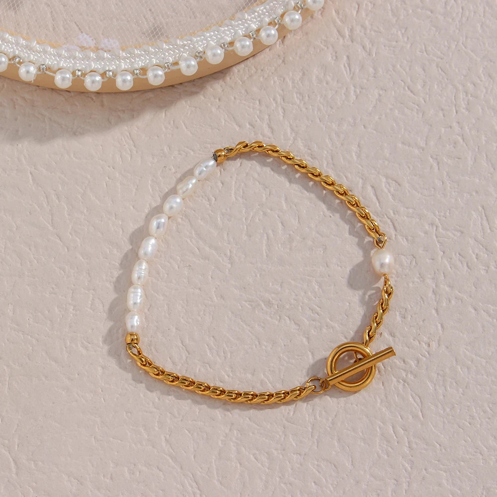 Waterproof Freshwater Pearl & Woven Chain Bracelet - 18K Gold Plated