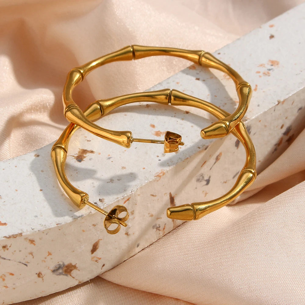 LillyFleur Waterproof Minimalist Gold Bamboo Hoop Earrings - 18K Gold Plated