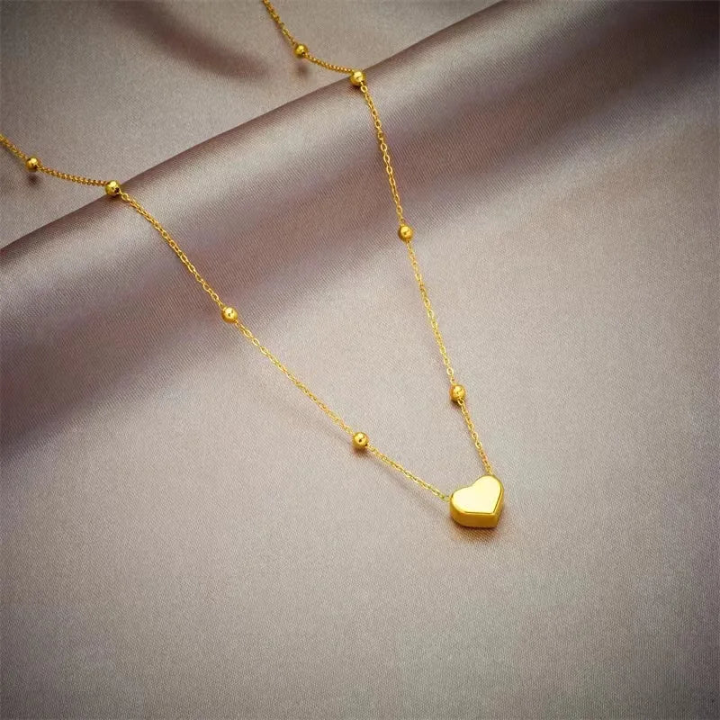 Waterproof Heart Bead Chain Necklace and Bracelet Set. 18K gold-plated,