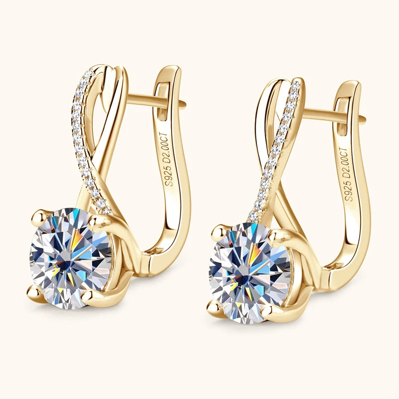 Moissanite Drop Hoop  Earrings in Yellow Gold Plated Silver