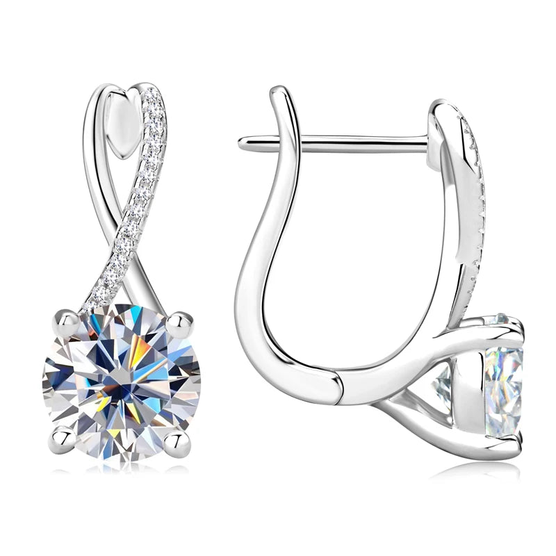 Moissanite Drop Hoop  Earrings in White Gold Plated Silver