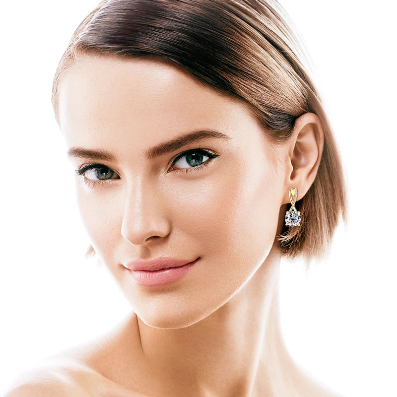 Model wearing Moissanite Drop Hoop  Earrings in Yellow Gold Plated Silver