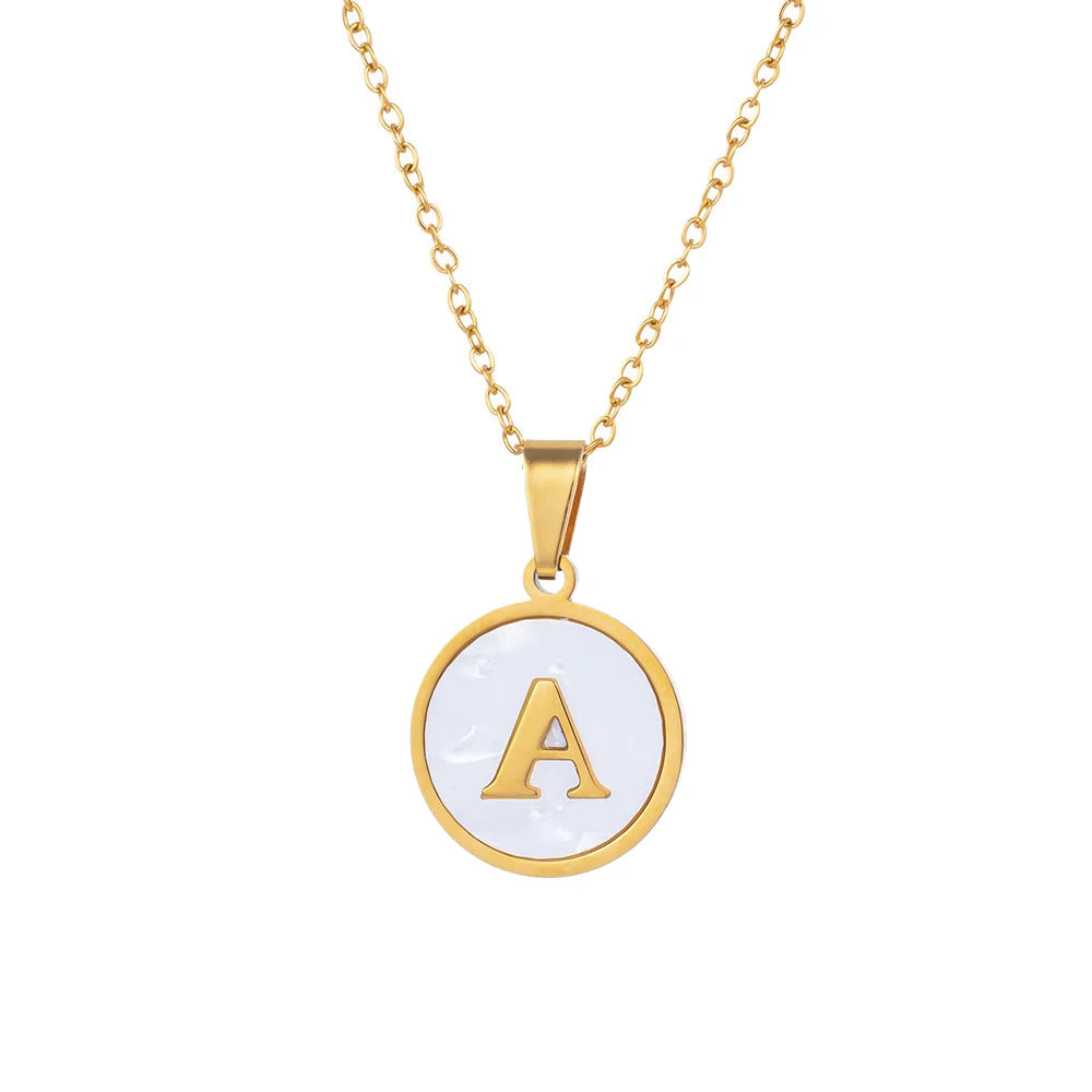 Waterproof White Shell Initial Pendant Necklace in 18K Gold-Plated Stainless Steel