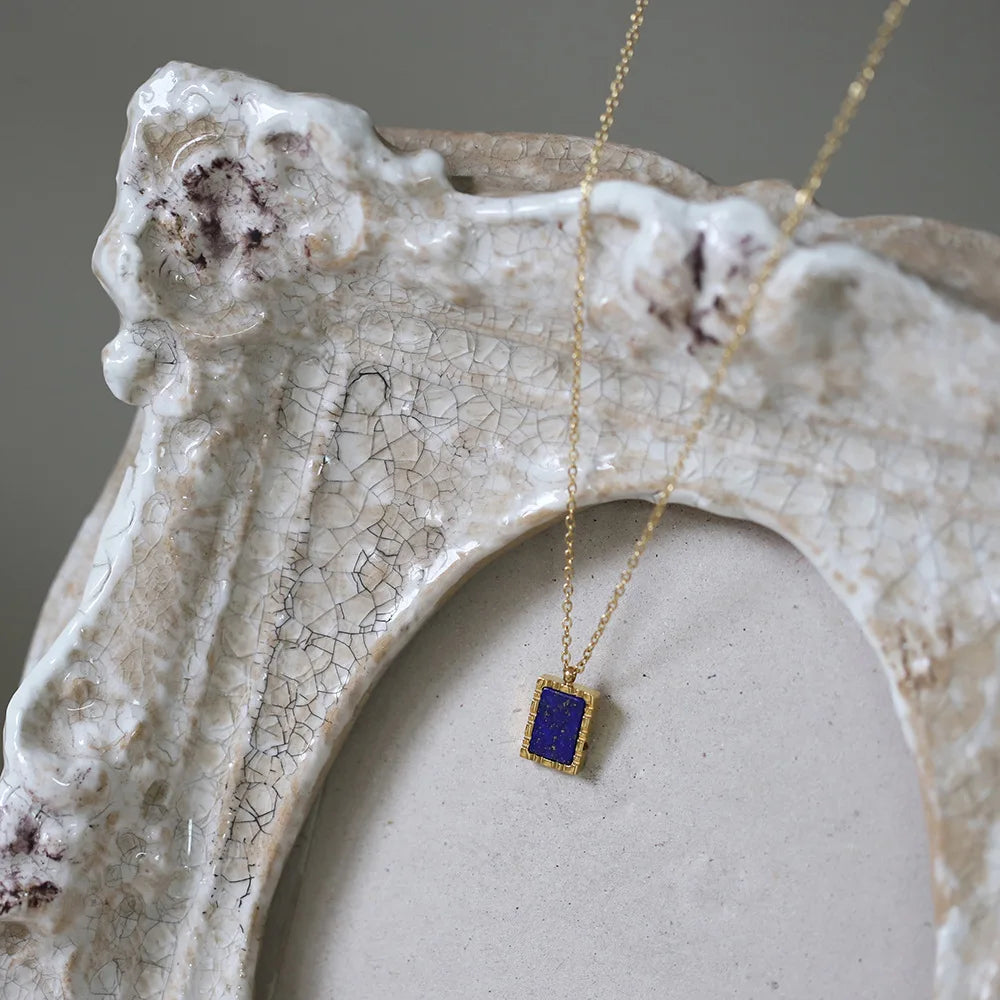 Waterproof Lapis Lazuli Geometric Pendant Necklace in 18K gold Plated Stainless Steel