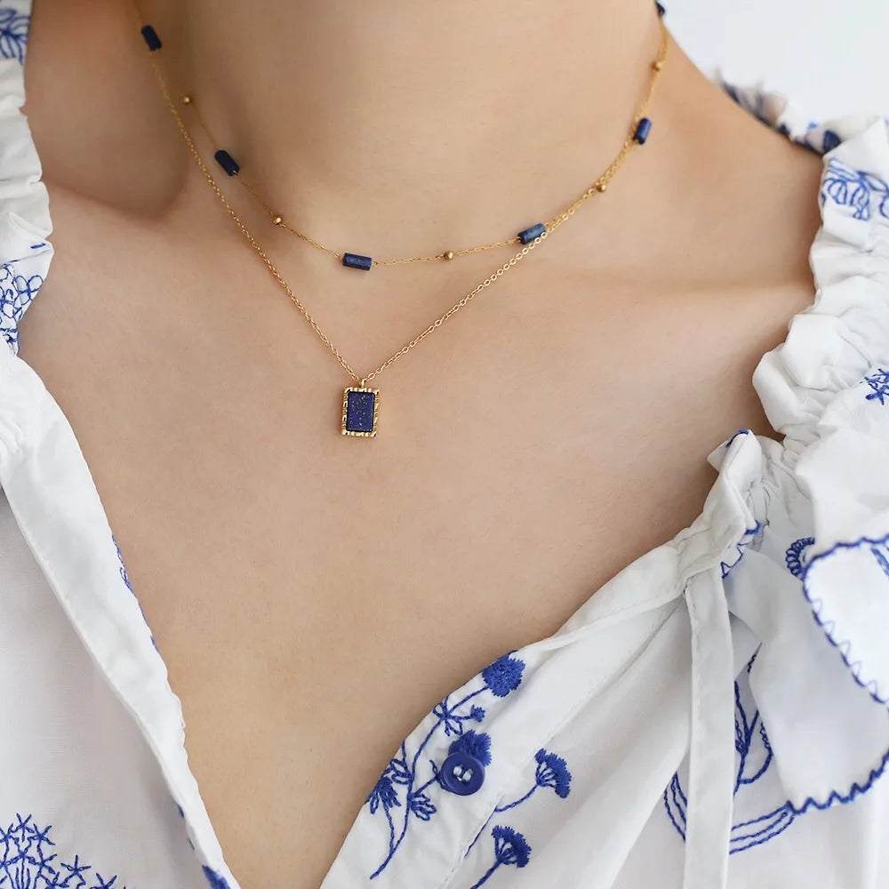 Model wearing  Elegant Lapis Lazuli Geometric Pendant Necklace.