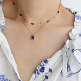 Model wearing  Elegant Lapis Lazuli Geometric Pendant Necklace.