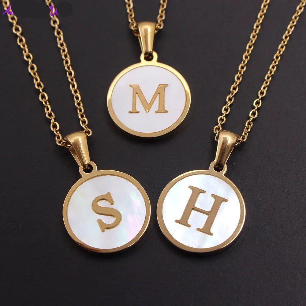 White Shell Initial Pendant Necklace in 18K Gold-Plated Stainless Steel