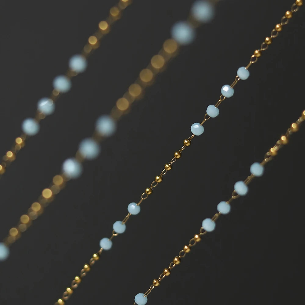 Waterproof Light Blue Bead Necklace in 18K Gold Plated Stainless steel