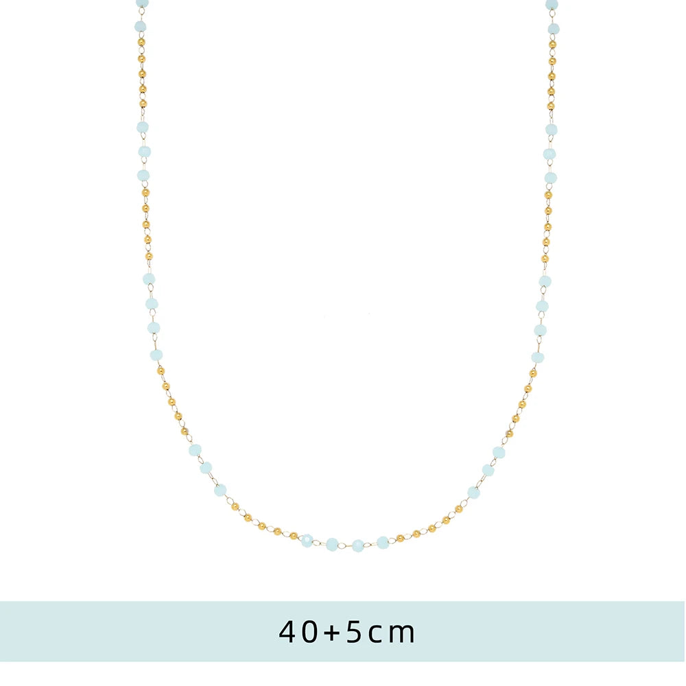 Waterproof Light Blue Bead Necklace in 18K Gold Plated Stainless steel