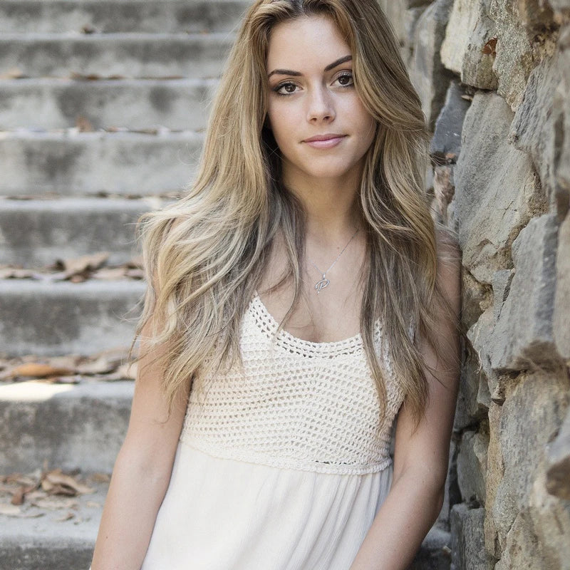 model wearing a Moissanite Diamond Initial Necklace. Silver Gold Plated Silver 