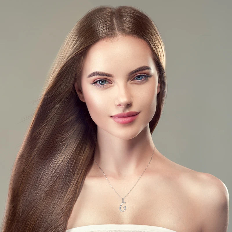 model wearing a Moissanite Diamond Initial Necklace. Silver Gold Plated Silver 