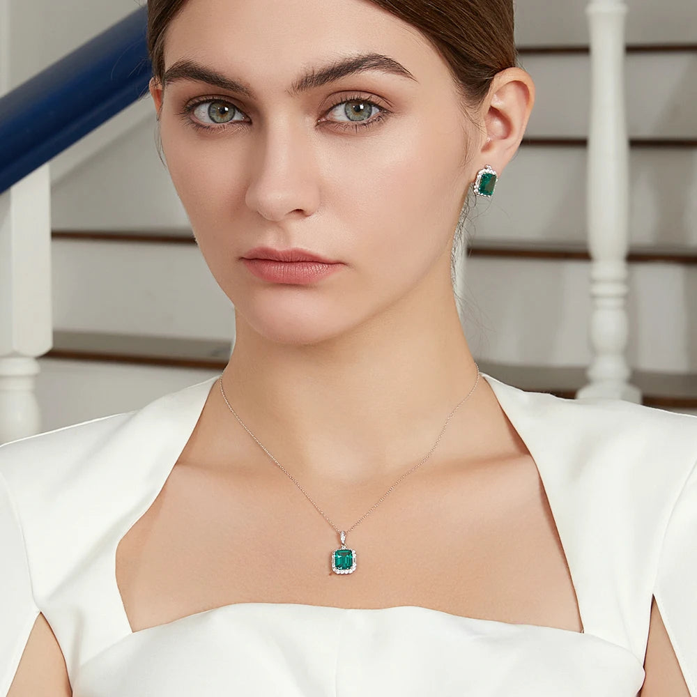 Square Emerald Pendant Necklace in Sterling Silver - Love's Verdant Whisper