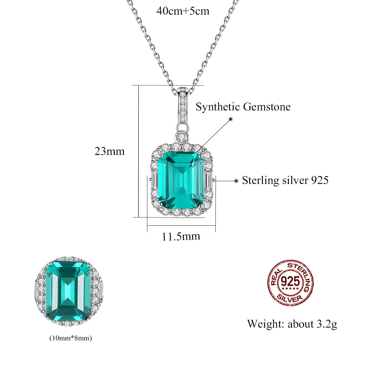 23mm Square Emerald Pendant Necklace in Sterling Silver - Love's Verdant Whisper