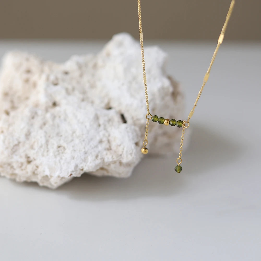 Waterproof Olive Green Beaded Necklace in 18K Gold-Plated Stainless Steel