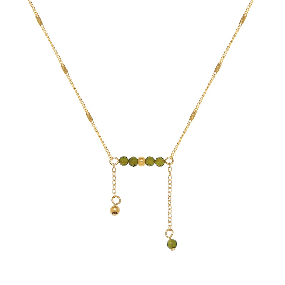 Waterproof Olive Green Beaded Necklace in 18K Gold-Plated Stainless Steel