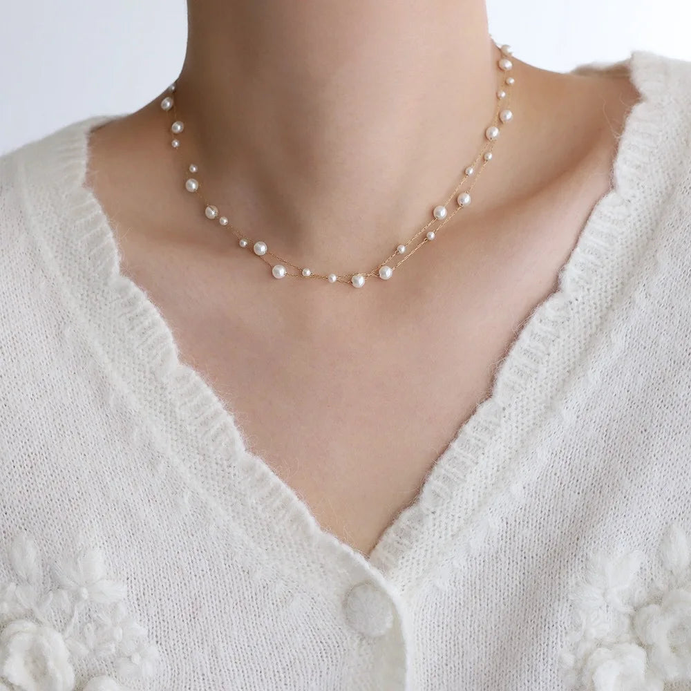 Waterproof Pearl Chain Necklace in 18K Gold-plated Stainless Steel