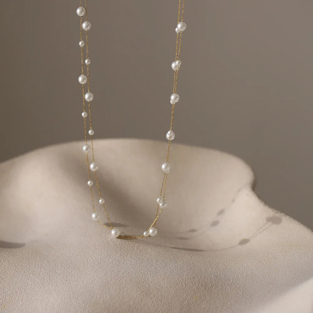 Waterproof Pearl Chain Necklace in 18K Gold-plated Stainless Steel