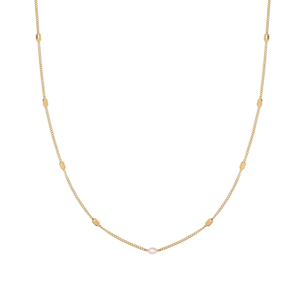 Waterproof Freshwater Pearl and Gold Bead Necklace in 18K Gold-Plated Stainless Steel