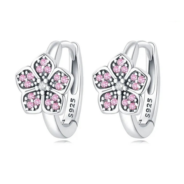 Pink Flower Hoop Earring in Silver - Nature's Delicate Embrace