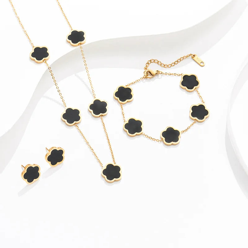 Plum Blossom Jewelry Set – Earrings, Necklace & Bracelet in 18K Gold-Plated Stainless Steel - Plum Blossom Black