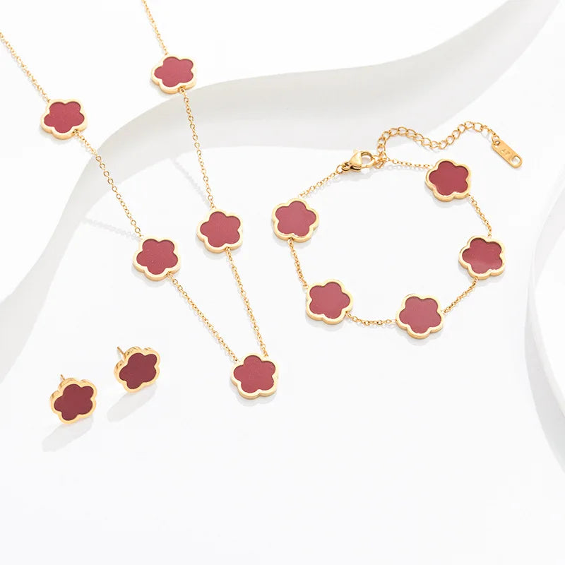 Plum Blossom Jewelry Set – Earrings, Necklace & Bracelet in 18K Gold-Plated Stainless Steel - Plum Blossom Red