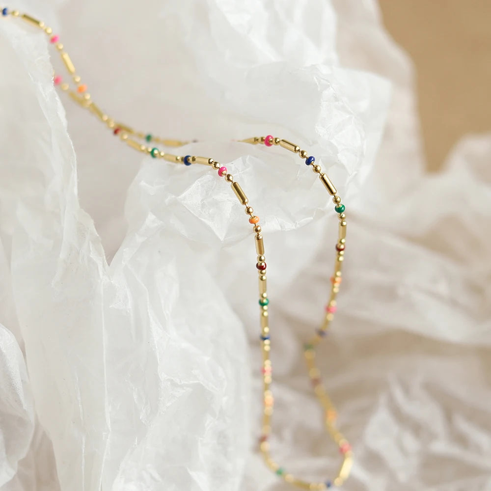 Waterproof Rainbow Boho Necklace in 18K Gold Plated Stainless Steel