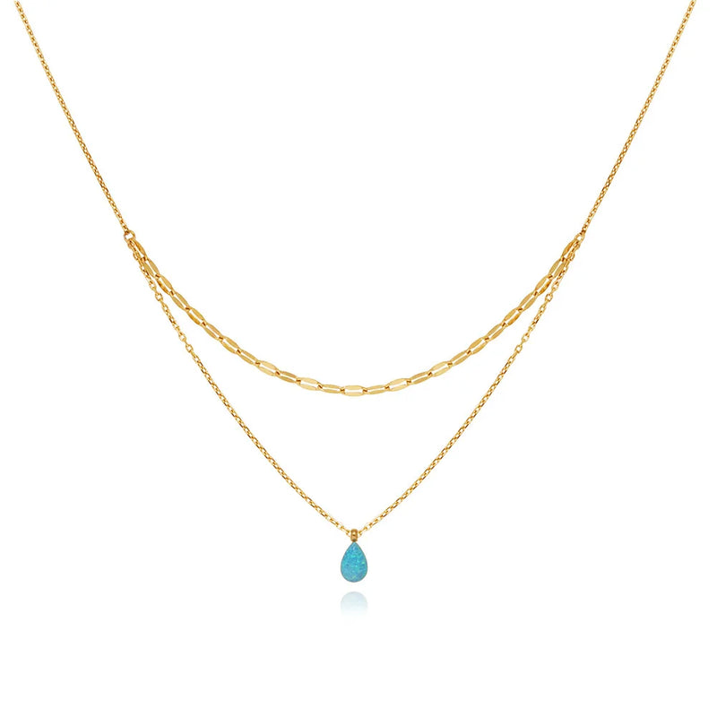 Waterproof Blue Droplet Pendant Necklace in 18K Gold-Plated Stainless Steel