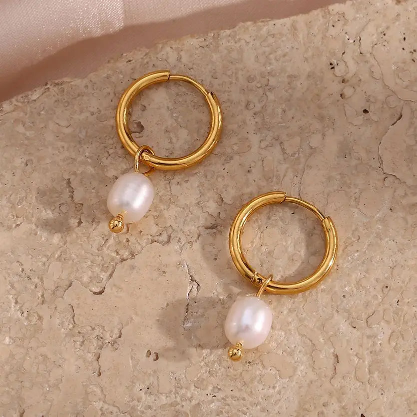 LillyFleur Waterproof Minimalist Pearl Charm Hoop Earrings - 18K Gold Plated