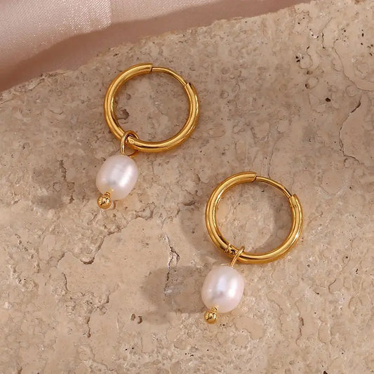 LillyFleur Waterproof Minimalist Pearl Charm Hoop Earrings - 18K Gold Plated