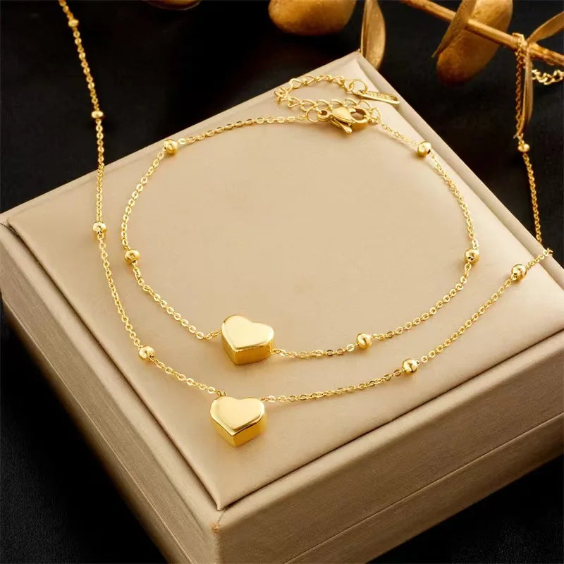 Waterproof Heart Bead Chain Necklace and Bracelet Set in 18K Gold-Plated Stainless Steel