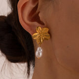Waterproof Cherry Flower Pearl Earrings - 18K Gold Plated