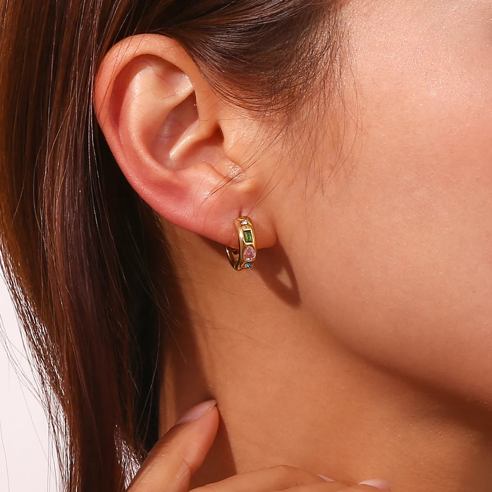 Model wearing LillyFleur Waterproof Colorful Zircon Hoop Earrings - 18K Gold Plated