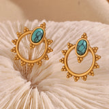 Lace Oval Blue Turquoise Stud Earrings Tarnish Free 18K Gold Plated Women's Earrings 316L Stainless Steel Gift