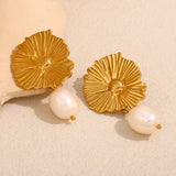Waterproof Pearl Flower Stud Earrings - 18K Gold Plated