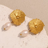 Waterproof Pearl Flower Stud Earrings - 18K Gold Plated