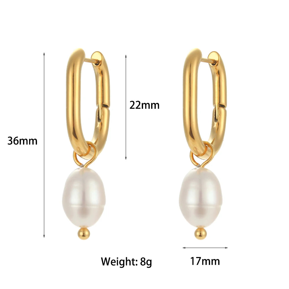 Waterproof Freshwater Pearl Drop Hoop Earrings 36mm - 18K Gold Plated
