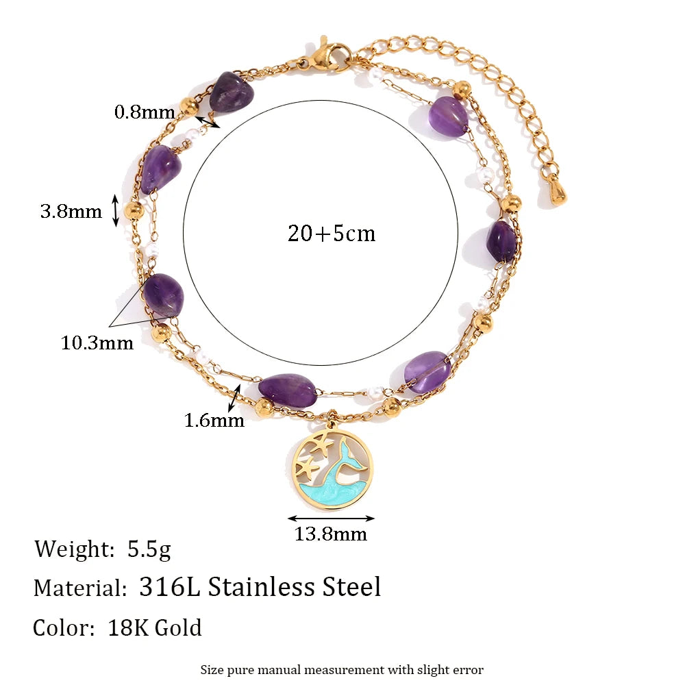 Waterproof Ocean Style Natural Purple Stone Anklet - 18K Gold Plated