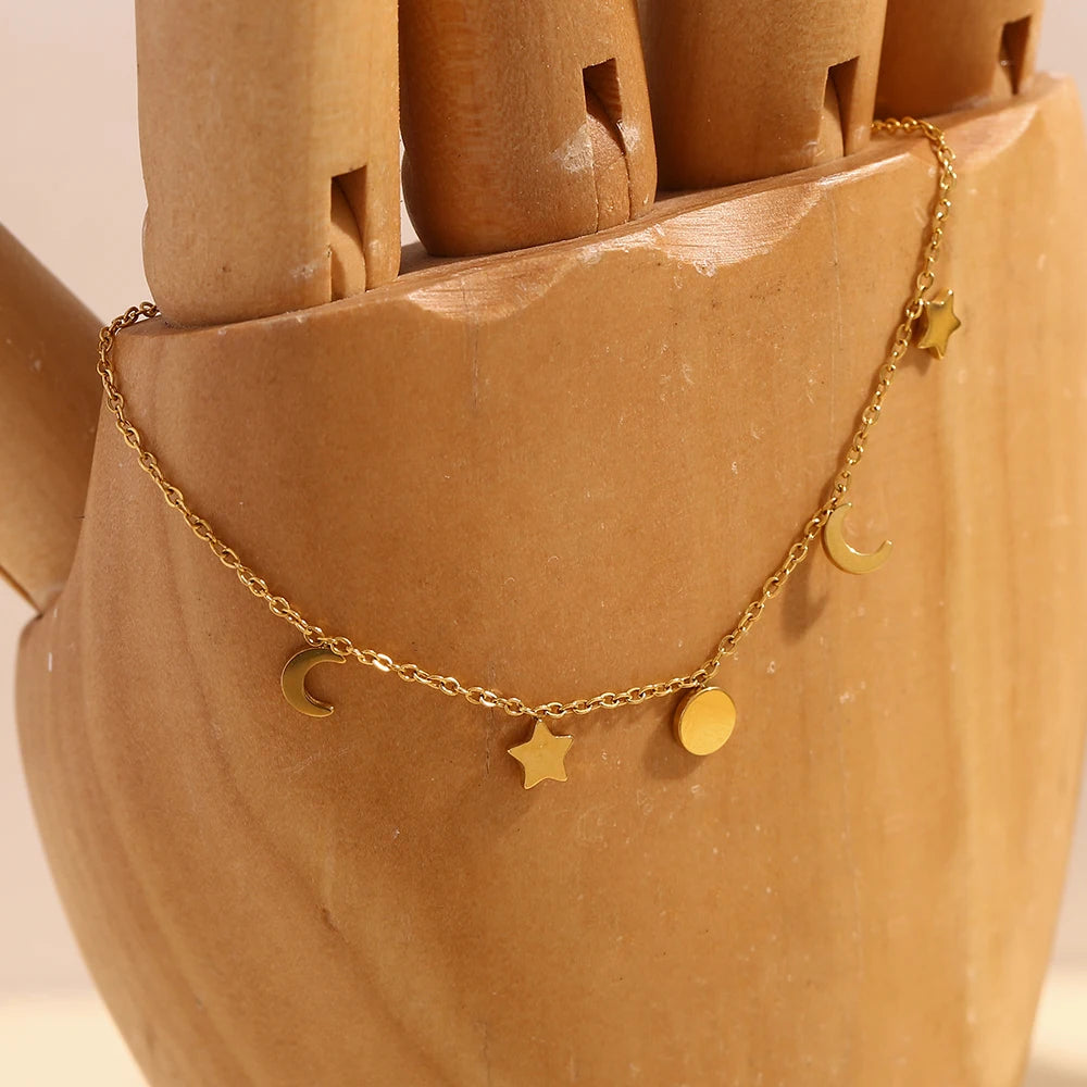 Waterproof Star Moon Sun Charm Bracelet - 18K Gold Plated