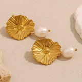 Waterproof Pearl Flower Stud Earrings - 18K Gold Plated