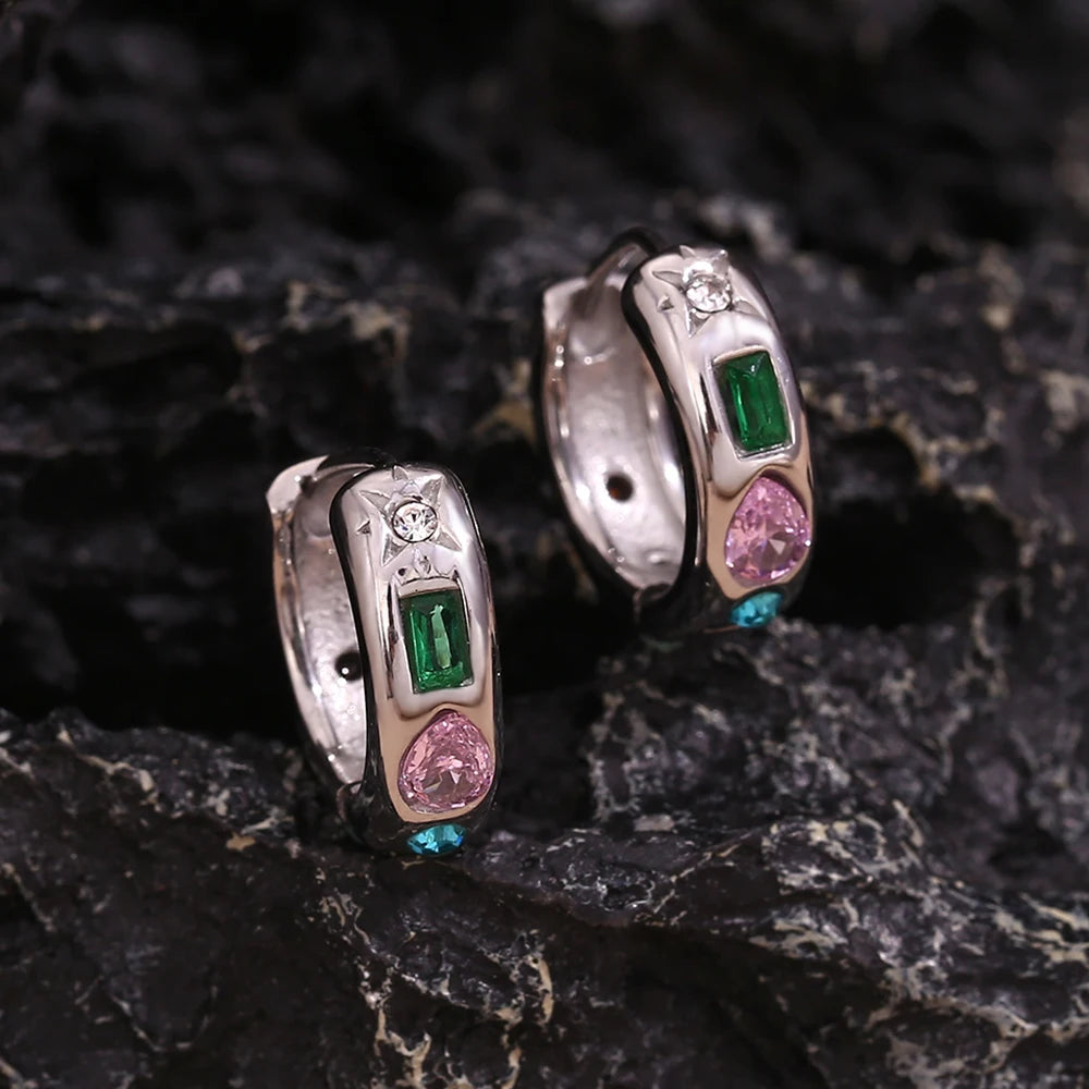 LillyFleur Waterproof Colorful Zircon Hoop Earrings in Silver Color
